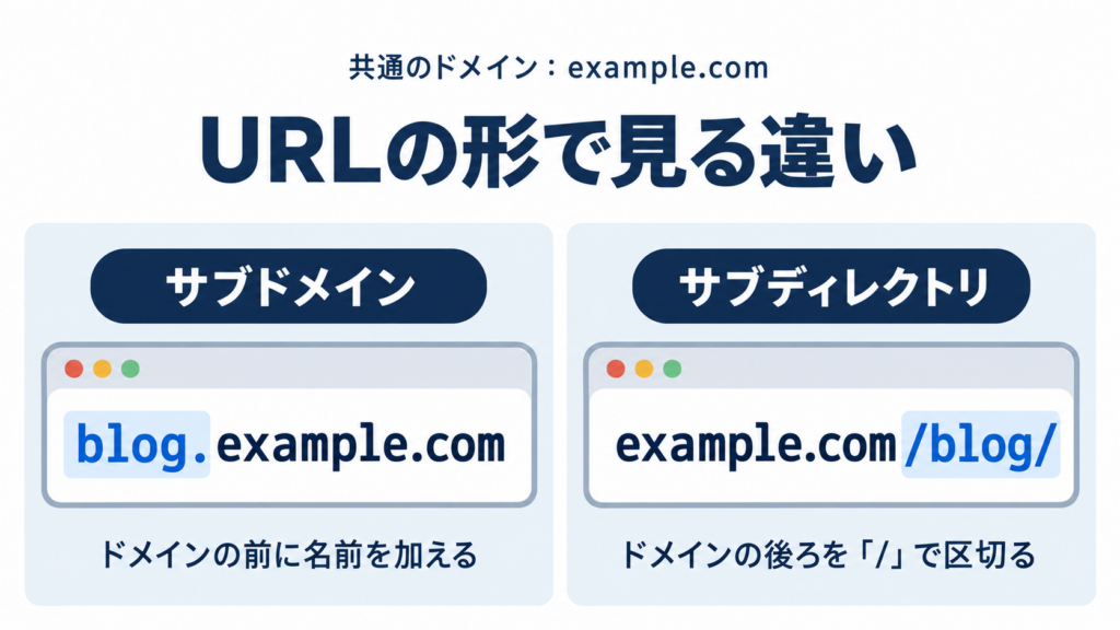 サブドメインはblog.example.com、サブディレクトリはexample.com/blog/と表す比較図