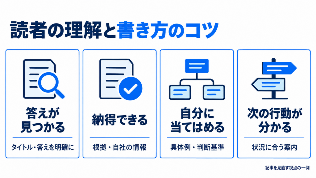 答えが見つかる、納得できる、自分に当てはめる、次の行動が分かる、の4視点と記事の書き方の対応