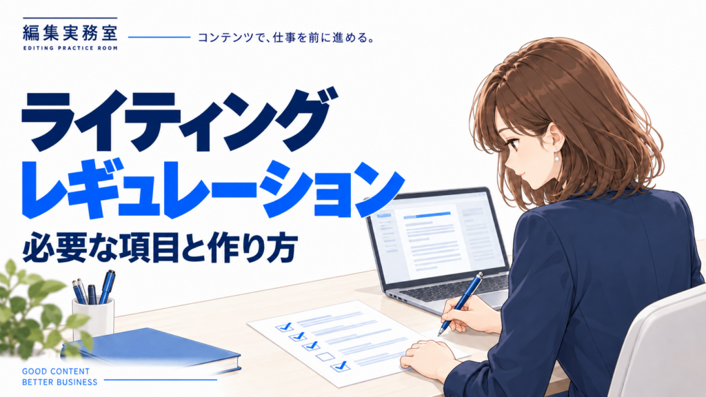 ライティングレギュレーションの必要な項目と作り方。パソコンとチェックリストで原稿を確認する女性