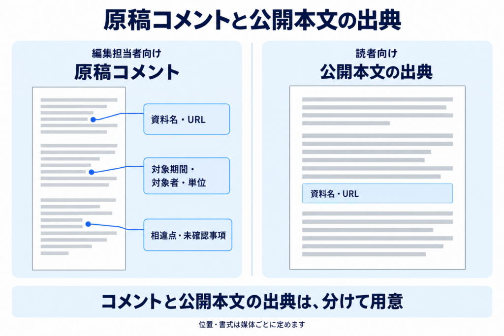 原稿コメントは編集担当者の事実確認用、公開本文の出典は読者の根拠確認用。コメントを残しても本文の出典は必要