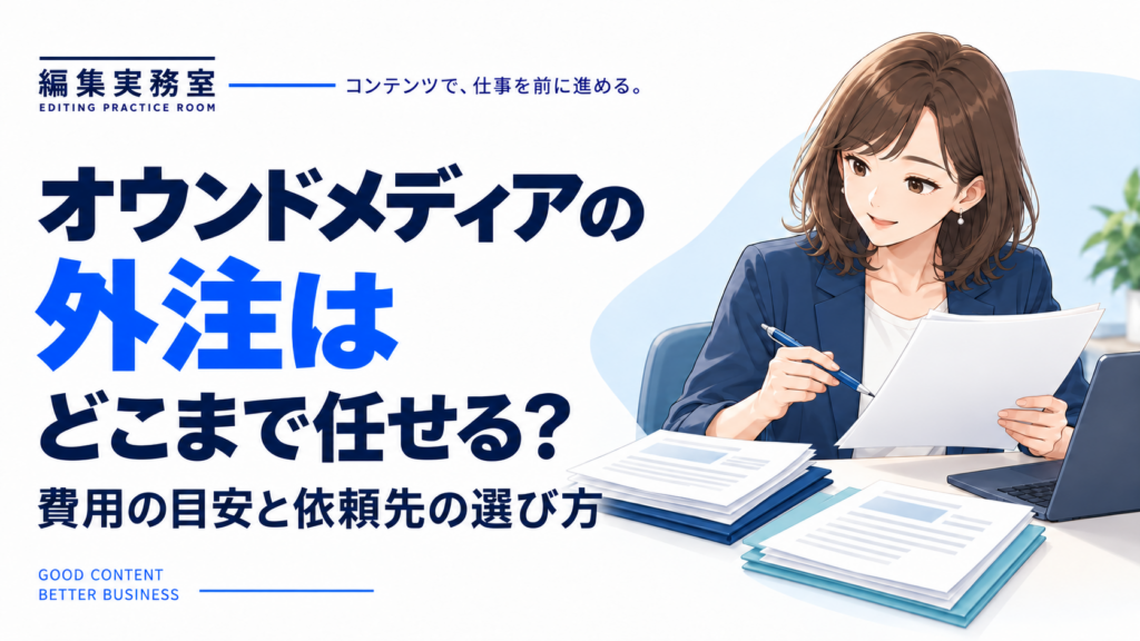 オウンドメディアの外注はどこまで任せる？費用の目安と依頼先の選び方。原稿とパソコンを使って制作の分担を検討する女性
