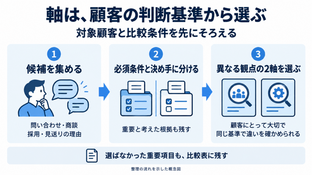 対象顧客と比較条件をそろえたうえで、問い合わせや商談から候補を集め、必須条件と決め手に分けて根拠を残し、顧客にとって大切で同じ基準で比較できる異なる観点の2軸を選ぶ流れ。選ばなかった重要項目も比較表に残す。