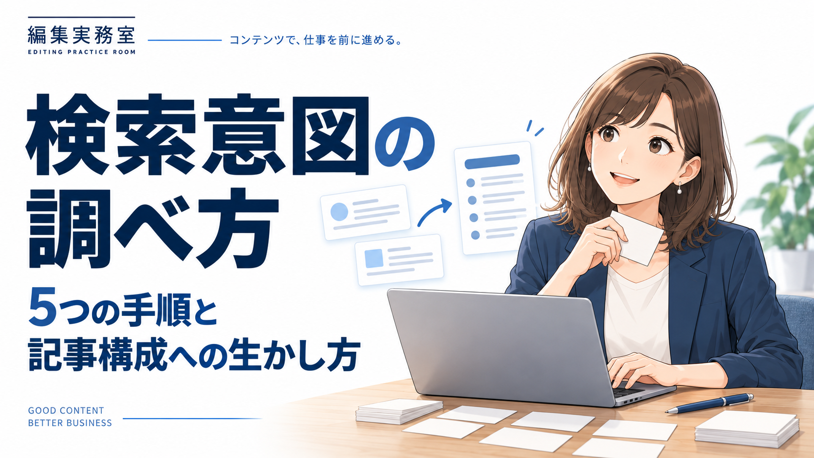 検索意図の調べ方。5つの手順と記事構成への生かし方を解説する記事のアイキャッチ