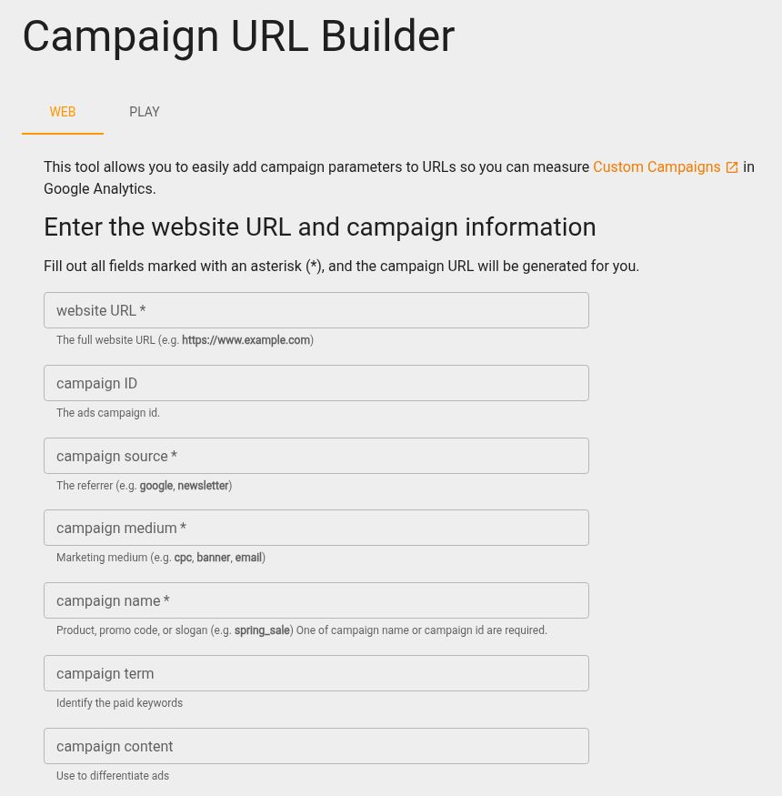 Campaign URL Builderのリンク先URLとキャンペーン情報の入力欄